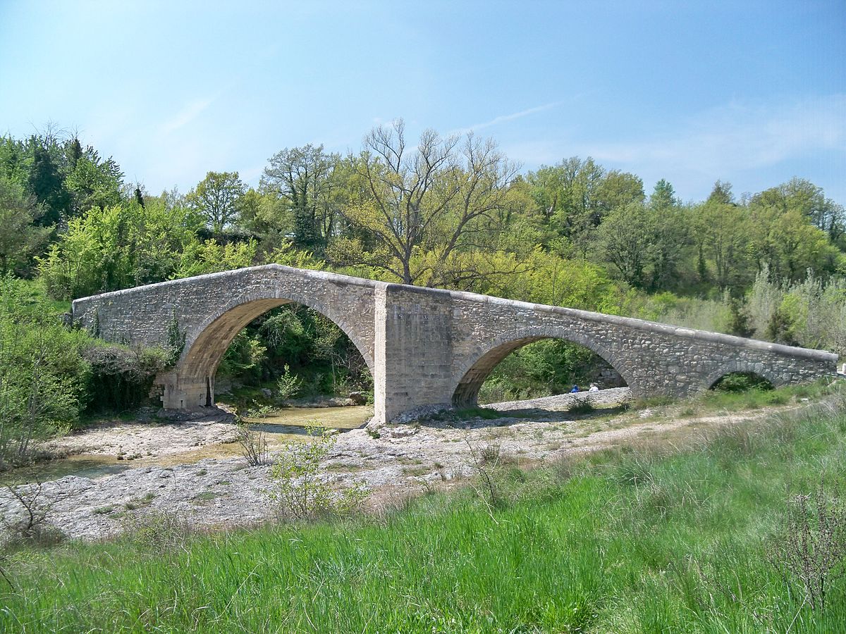 pont roman de mane balade avec chien